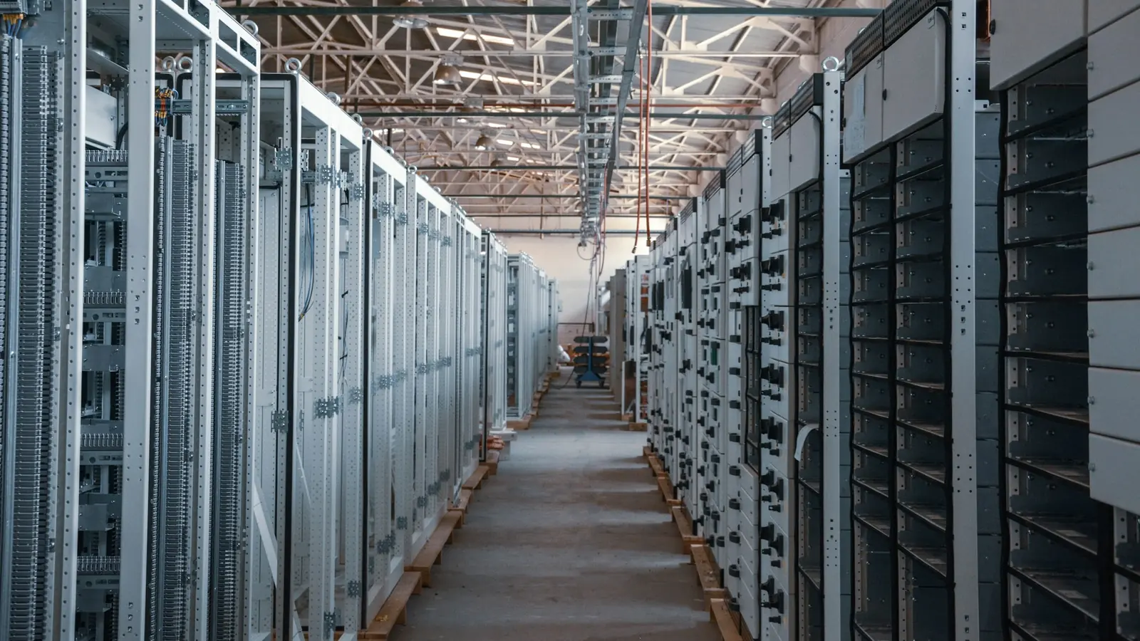 Aisle between server racks in a data center